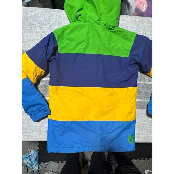 Kids Burton Snowboard Jacket Size L Colorblock Green Blue Yellow Navy Hooded ski - Picture 7 of 7